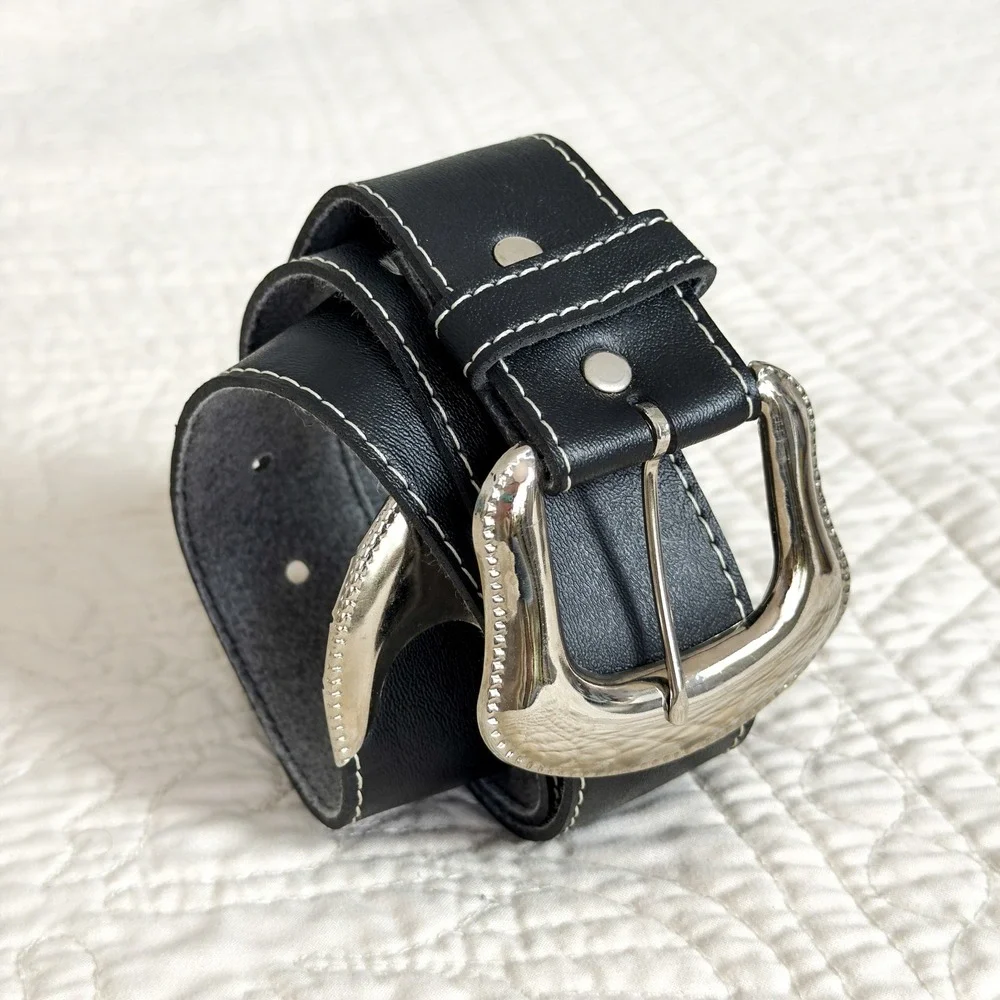 Western Black Contrast Stitch Belt Silver Buckle Grunge Cowgirl Y2K
